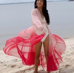 Anthropologie Womens Maxi Duster One Size Tiered Sheer Ombre Pink NIP